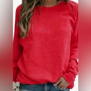 Lightweight Crewneck Sweatshirt Red Solid Long Sleeve Casual Pullover